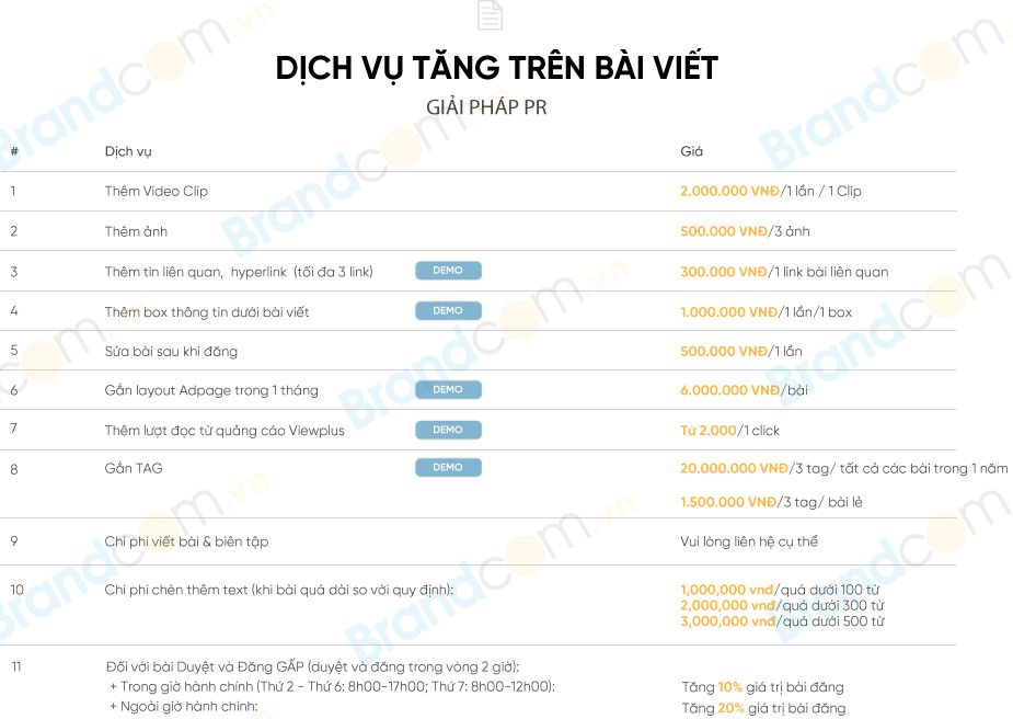 Bảng giá dịch vụ tăng trên bài viết