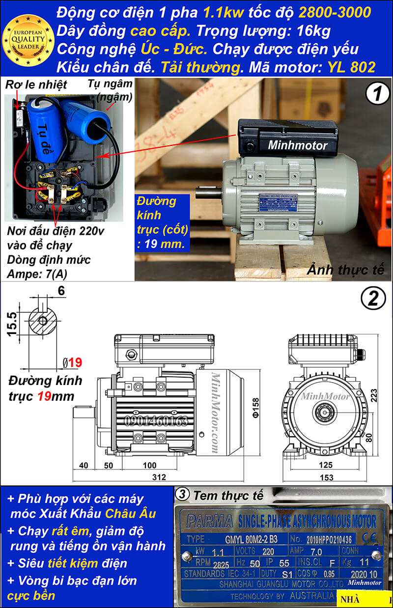 Motor 1.1kw 1 pha 1.5hp YL tải thường tua nhanh 2 cực chân đế