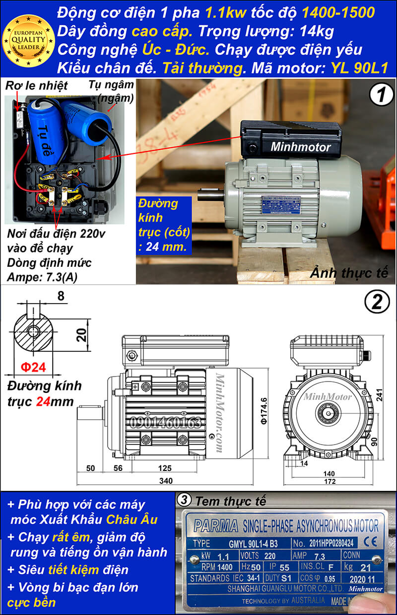Motor 1.5hp 220v YL tải thường 4 cực chân đế