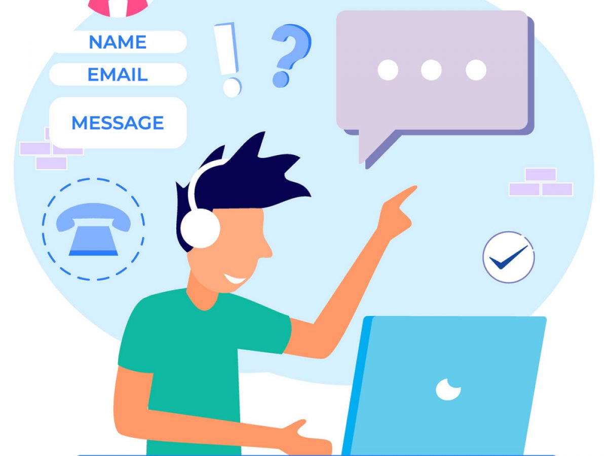 Flat Style Vector Illustration. Contact Us Form Templates for Web and Landing Pages. Male clerk Service Agent with Headset Talking to Client. Online Customer Support and Help desk Concepts.